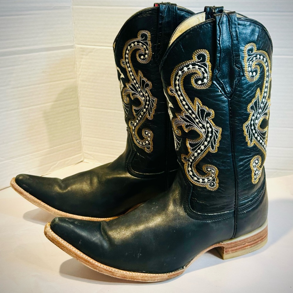 Vintage Men’s Black Leather Western Cowboy Boots 8.5, perfect for rodeo season! - Picture 3 of 10